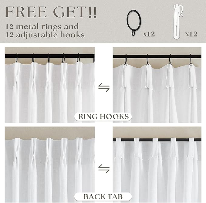 Extra Wide Pinch Pleated Linen Curtains 84 Inches Long 70 Inch Width for Living Room Bedroom Light Filtering Semi Sheer Pleat Window Curtain Boho Pinch Pleated Drape with Hooks Rings 1 Panel 70x84