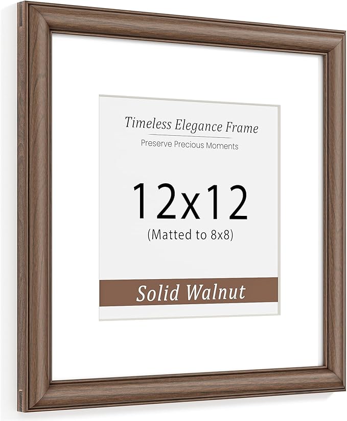 Natural Walnut 12x12 Picture Frames Mat to 8x8 Picture Display,Original Wood Handcrafted Poster Frame,Wooden Frame 12x12 with Tempered Glass Graduation Family Wedding Certificate Photo Wall Mounted