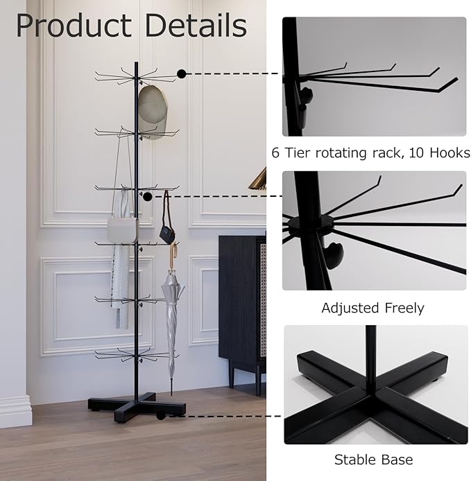 Black Spinning Rotating Display 6-Tier Heavy-Duty Retail Display Rack with Hooks for Jewelry, Keychains, Socks, Toys Commercial Use