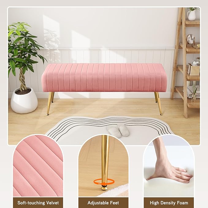 Furnimart 44 Inch Pink Velvet Ottoman Bench, Modern Upholstered Bedroom Benches Footrest Stool Indoor Bench for Entryway Living Room Bedroom Dining Room (Velvet-Pink)