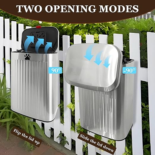 2.1Gal Dog Waste Trash Can, Wall-Mounted, Stainless Steel, 8L, Silver, Rectangular, Heavy Duty, Open-Top, 8.7 x 6.1 x 12.5 inches, 40 Bags Included