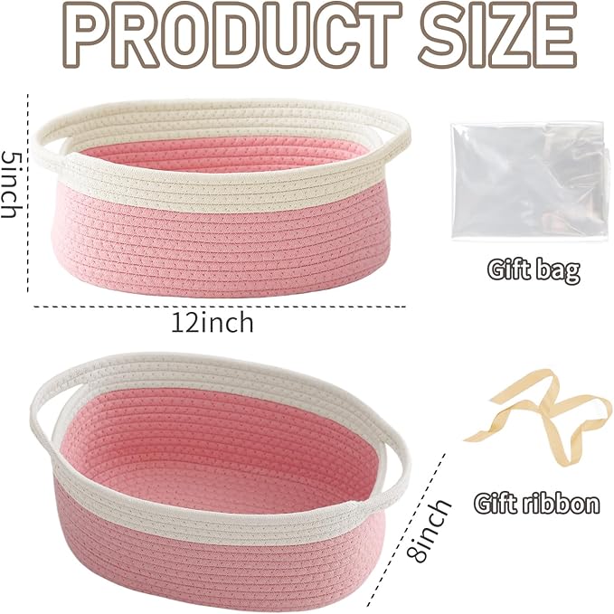 Woven Basket,Small Rope Storage Bin with Handles & Ribbon Bag, Organizer for Shelves Closets,Gift Basket Empty for Birthday,Books,Dog Toys, White&Pink/2 Pack