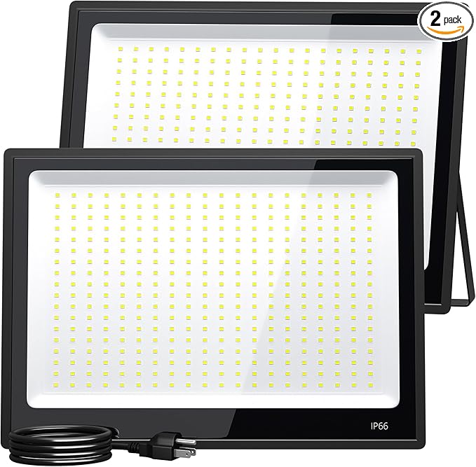 XXBSAZ 2 Pack 300W LED Flood Lights Outdoor, 37,000LM Plug-in Hardwire Work Light IP66 Waterproof - 6500K Daylight Bright for Yard, Garage, Stadium