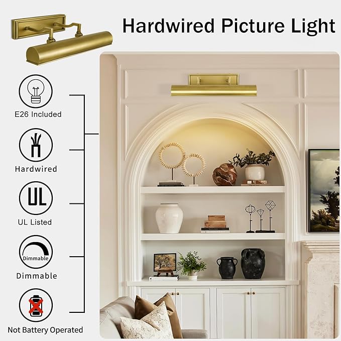 Picture Light for Wall 18" Brass Picture Lights Hardwired 3-Light Gold Picture Frame Light Dimmable Art Gallery Light Accent Lighting Bathroom Wall Sconce for Artwork Poster Library Display