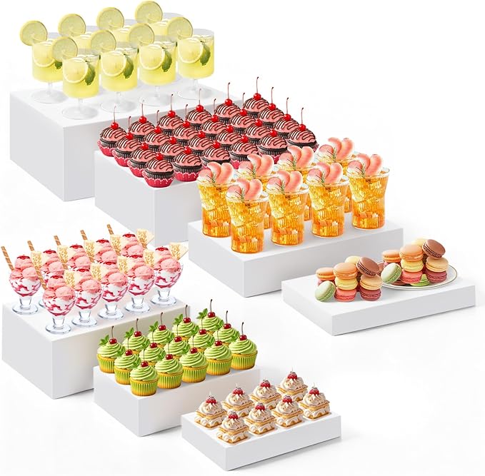 Leinuosen 7 Pcs Large Buffet Risers Set 6" to 12" Rectangle Acrylic Display Box Catering Dessert Table Riser Food Display Decorative Stand with Hollow Bottom for Catering Supplies(White)