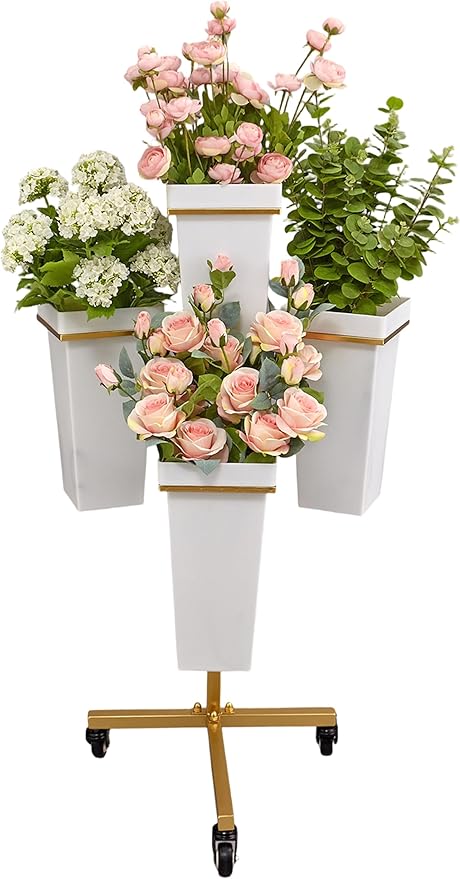 DYALE Flower Display Stand with Buckets - Flower Cart with Wheels for Bouquet Shop, Metal Flower Rack Display Stand for Wedding Garden, Party, Events (Gold, Square buckets)