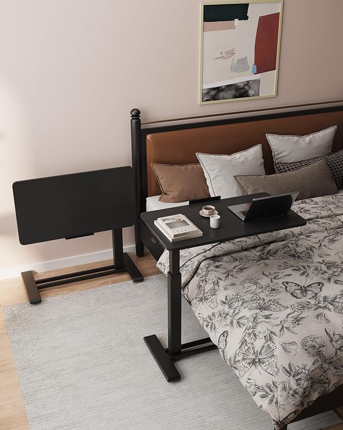 FLEXISPOT H7 PRO Mobile Standing Desk Adjustable Overbed Table Pneumatic with Wheels 90°Tiltable Portable Laptop Desk Rolling Computer Cart Foldable Bedside Table(27.6" W x 15.7" D, Black)