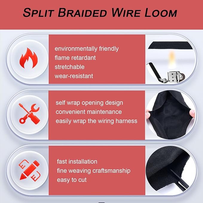 Braided Split Wire Loom Black Wire Cover Protective Harness Tubing Cable Management Self Wrap Cord Sleeve Mesh Woven 1"-24ft