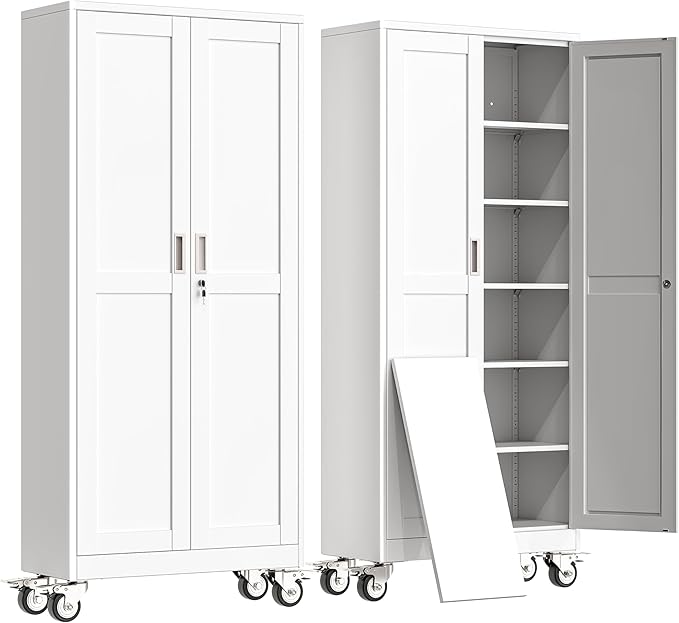 75" H Metal Garage Storage Cabinet, Rolling Tool Cabinet with 2 Doors and Wheels, Locker Steel Cabinet with 5 Adjustable Shelves, Organization Cabinet for Garage,Office,Home,Gym,School（White）