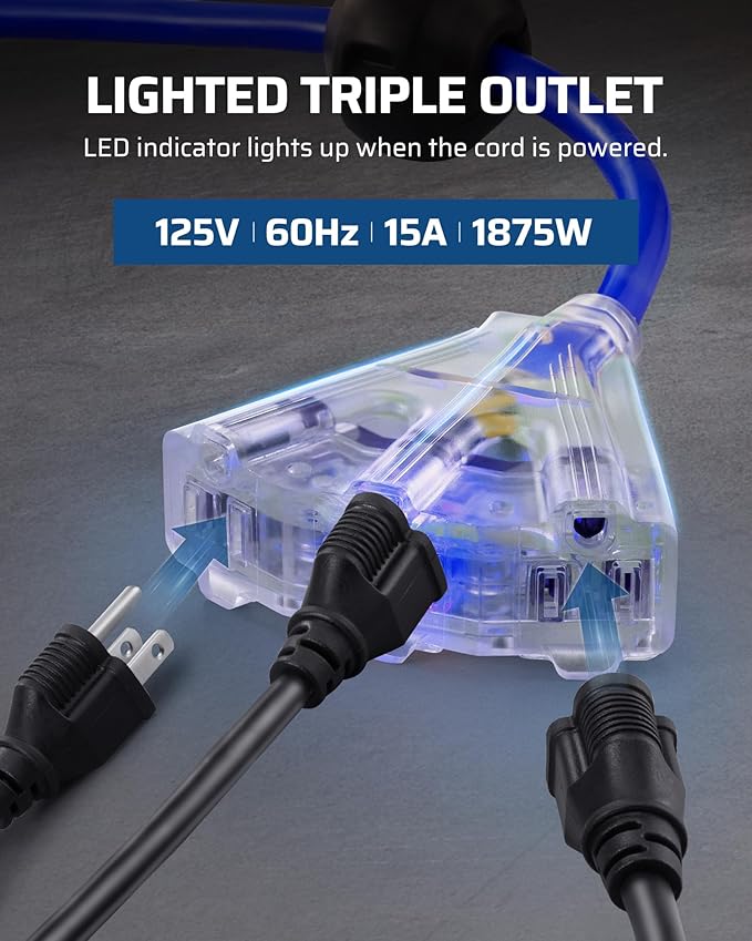 DEWENWILS Retractable Cord Reel, 60FT Heavy Duty Extension Cord, 12AWG/3C SJTOW, 3 Grounded Outlets Lighted Triple Tap, 15A Circuit Breaker, Wall/Ceiling Mounted for Garage, Workshop, UL Listed, Blue