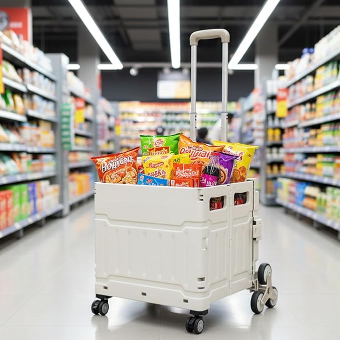 Foldable Utility Cart ，Folding Shopping carts，Collapsible cart with Stair Climbing Wheels, 8 Wheel Shopping cart，Collapsible Rolling Crate with Telescoping Handle (Grey, 17.32 * 17.13 * 30.12)
