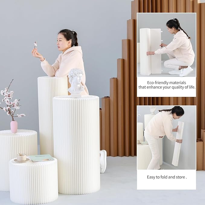 Cylinder Stands for Party,White Paper Display Stand,Reusable,Waterproof and Foldable Cylindrical Pedestal,Suitable for Event Scenes such as Parties and home Decoration,Bearing 660 Pounds