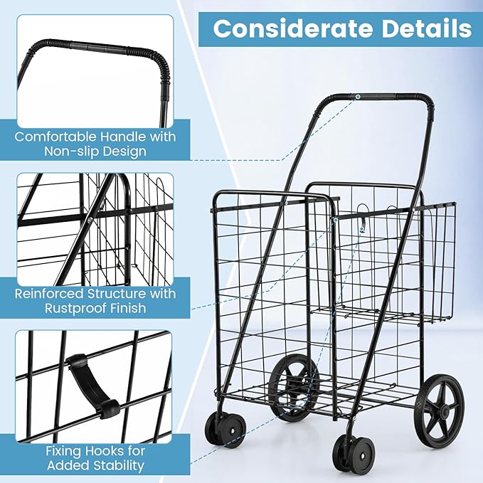 COSTWAY Folding Shopping Cart, Metal Grocery Cart with Extra Basket, 360° Swiveling Front Wheels & Comfortable Handle, Light Weight Collapsible Utility Cart for Laundry, Camping (Upgraded Black)
