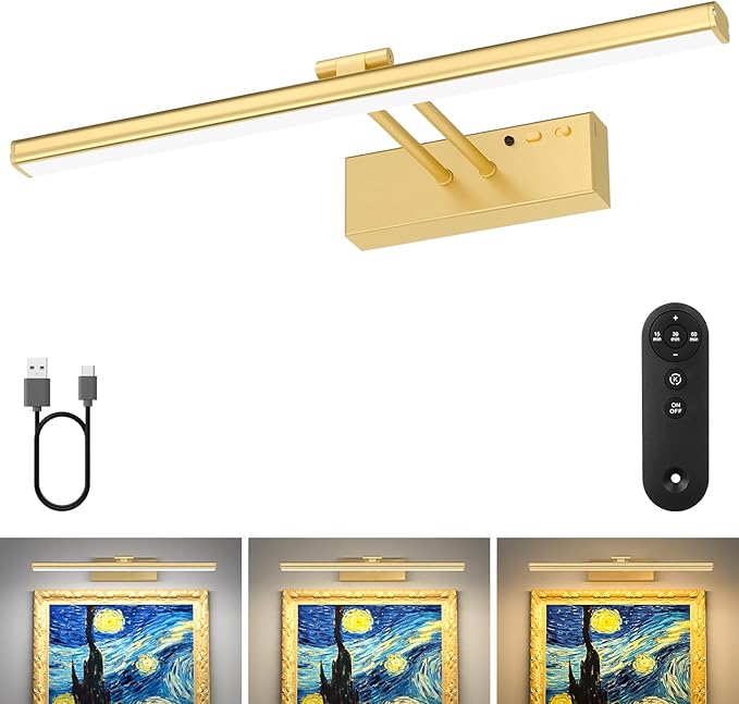 15.35inch Picture Light, Rechargeable Battery Wall Light for Paintings, 3 Colors Paintings Light Dimmable and Timer Metal Art Light for Display, Wall, Artwork, Gallery (Gold)