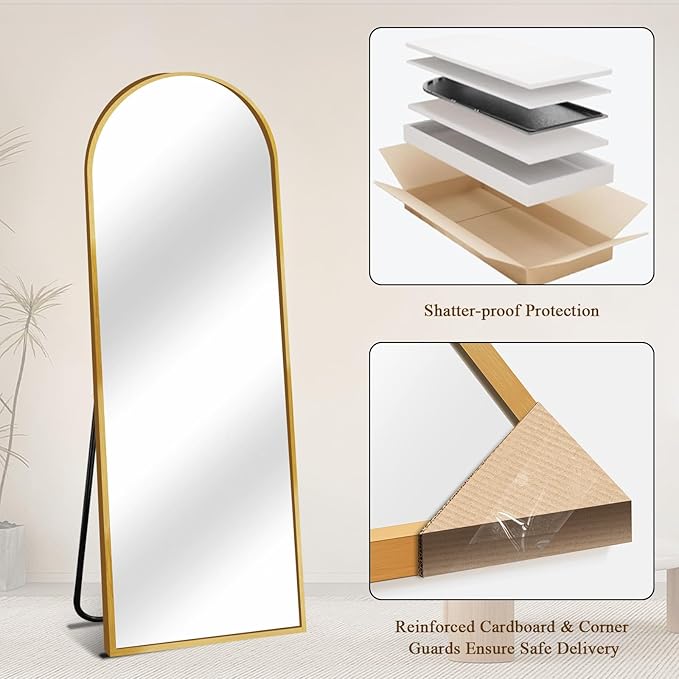 57"x20" Full Length Mirror with Stand, Shatterproof Arched Floor Mirror, Aluminum Alloy Thin Frame - Freestanding/Leaning/Wall Mount for Bedroom, Living Room & Entryway (Gold)