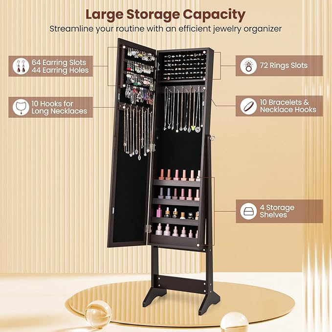 Giantex Jewelry Cabinet with Full-Length Mirror, Standing Jewelry Armoire Organizer with 64 Earring Slots, 20 Necklace Hooks, 72 Ring Slots, 4 Storage Shelves, 3 Angle Adjustable, Espresso