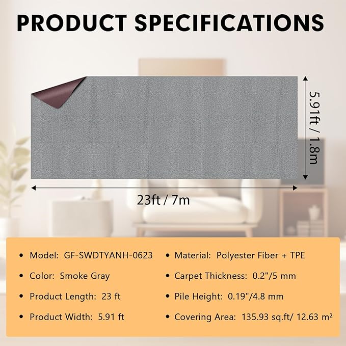 Marine Carpet,6 FT x 23 FT Smoke Gray Indoor Outdoor Carpet 0.2" Thick Boat Carpet with Water-Proof TPE Backing, Non-Slide Outdoor Marine Carpet Roll for Home, Patio, Porch, Deck