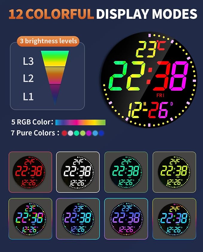 12" Large Digital Wall Mount Clock, Count Down Timer, Alarm, Big LED, 12 RGB Color, Temperature for Living Room Classroom Desk, Xmas, Birthday Gift for Senior Mom Dad (Round)