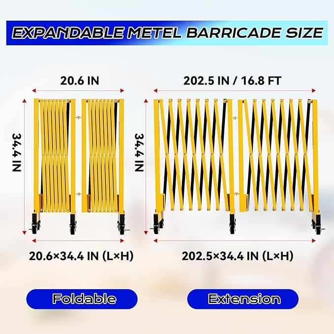 16.8FT Industrial Metal Expandable Barricade，Retractable Traffic Fence with Casters, 270 Degrees Folding Security Gate, Portable Barricade Gate for Construction Area, Traffic Control, Cordon
