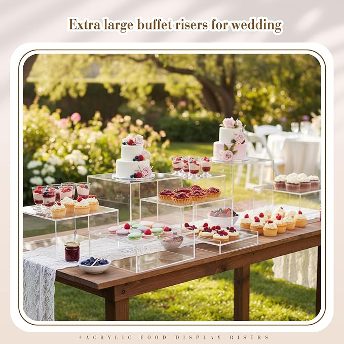 Leinuosen 7 Pcs Extra Large Buffet Risers Set 10" to 16" Rectangle Acrylic Display Box Catering Dessert Table Riser Food Display Decorative Stand with Hollow Bottom for Catering Supplies(Clear)