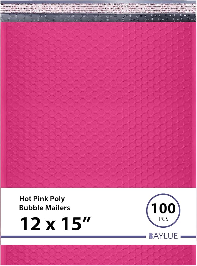 Hot Pink Large Poly Bubble Mailers 12x15 inch | Self Seal Padded Envelopes Cushioned Bubble Mailer | Usable Size 12x15 | WaterProof | Lightweight mailing Shipping Bags | 100 Pack Bulk