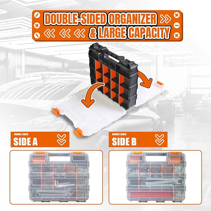 Tool Box with Transparent Lid, Double Side 34-Compartments Organizer Box with Removable Dividers for Hardware, Screws, Bolts, Nails, Beads, Jewelry and Fishing Accessories, Orange, 2 Packs