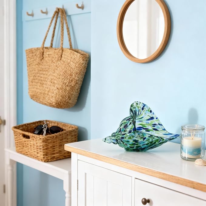 Hand-Blown Glass Conch Sculpture, Green sea Glass Art Shell Statue, Coastal-Themed Room Decor, Table Centerpiece and Cabinet-top Ornament, Creative sea Glass Conch Decoration and Display Piece.
