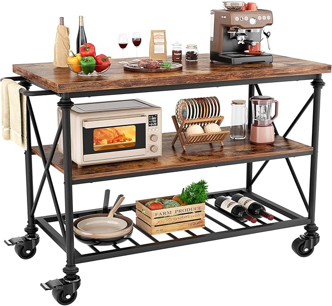 Homieasy Kitchen Island Cart with Wheels, 3-Tier Wood and Metal Rolling Kitchen Island Table with Pipe Legs, Storage Shelves & Lockable Casters for Kitchen Dining Room, Rustic Brown