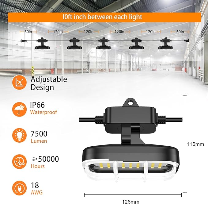 50ft LED Construction String Lights,Super Bright 7500lm 75w Adjuest 90&180 Degrees On Both Sides Waterproof IP66 Led String Work Lights, Construction Temporary Lights (50ft-Adjustable 5lights).