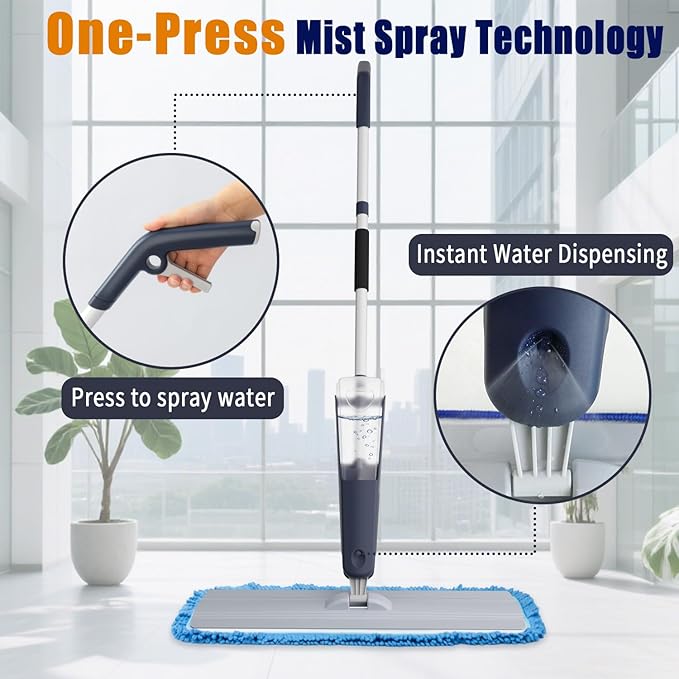 24" Dry mops for Floor Cleaning, Microfiber mop Spray System, Commercial Heavy-Duty Wet mops with 28oz Big Tank, 2 Washable Pads for Lobby, Pool, Factory, Office, Warehouse, Concert, Library (1)