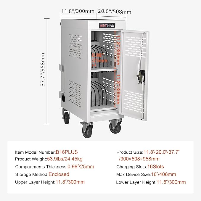 Laptop Charging Cart,16 Devices Tablet Storage Carts for pad Up to 16.3" Screen Size, Classroom Computer Mobile Charging Station for Pads, Chromebooks,Laptops, Security Storage(16 Bay-White)