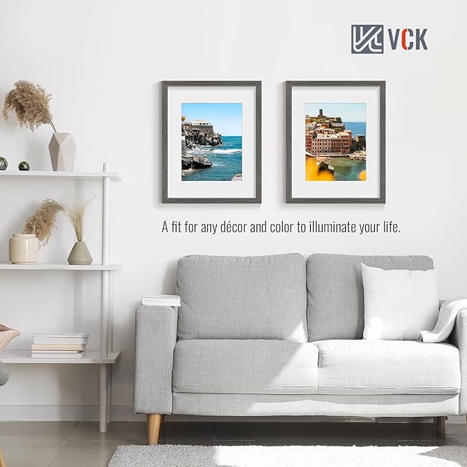 VCK 16x20 Picture Frame 2 Pack - Grey, High-End Wood Poster Frames with Tempered Glass, Display 11x14 Photo with Mat or 16x20 without Mat, Art Gallery-Quality, Wall Hanging, Grey