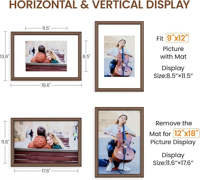 Natural Walnut 12x18 Picture Frames Mat to 9x12 Picture Display Set of 3,Original Wood Handcrafted 12x18 Wooden Certificate Frame with Tempered Glass Graduation Family Wedding Photo Wall Mounted