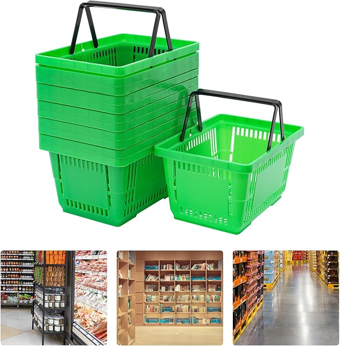 12PCS Shopping Baskets with Handles, Portable Wire Shopping Basket,Open&Stackable Design for Supermarket, Retail, Bookstore (Green)