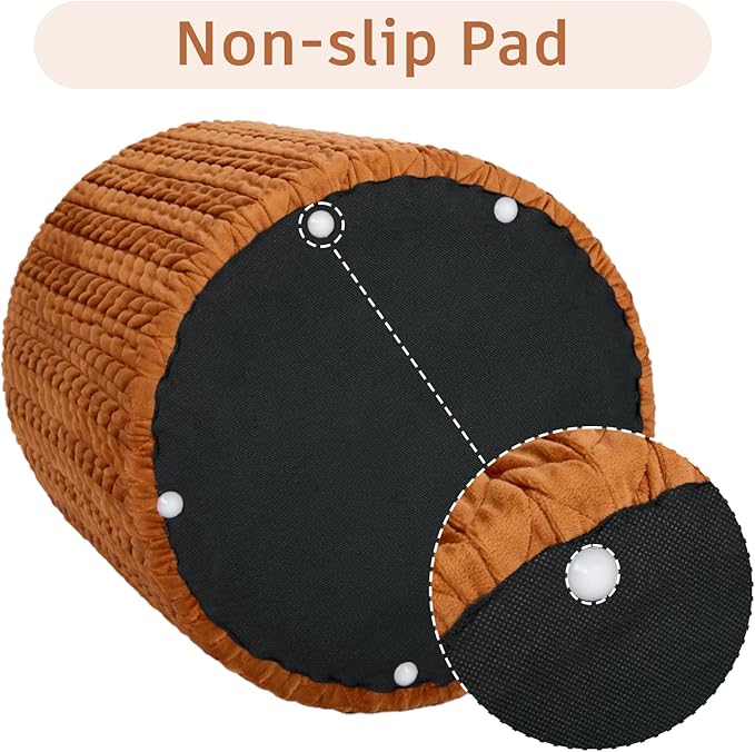 Modern Round Ottoman, Braided-Tufted Foot Stool Ottoman, Velvet Upholstered Vanity Stool for Makeup, Bedroom, Living Room, Dark Orange
