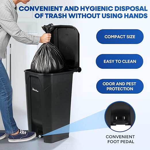 22 Gallon Step-On Trash Can/Container, Black Plastic Dustbin with Lid and Foot Pedal, Hands-Free Disposal