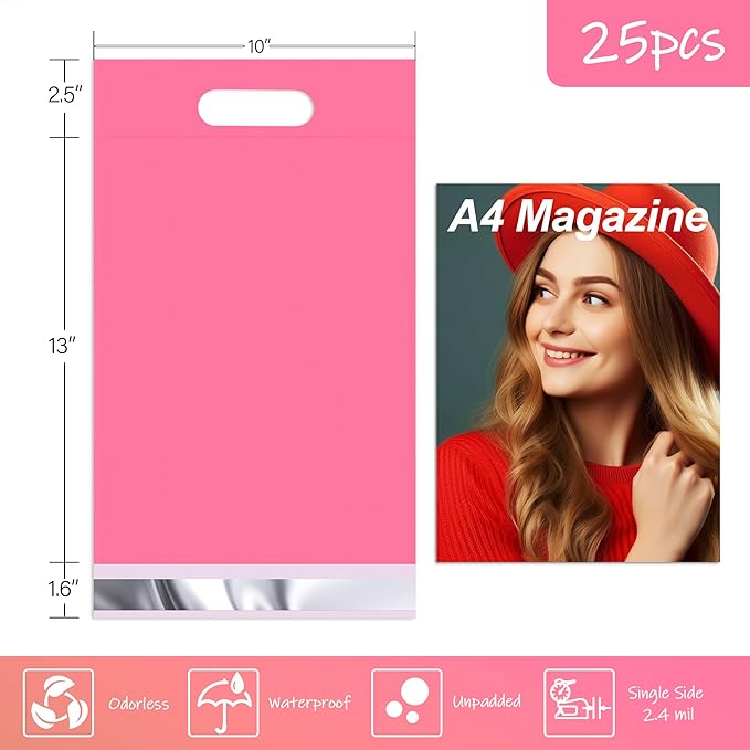 JinRuiKJ Poly Mailers with Handle 10x13 Inch 25 Pcs, Self Sealing Shipping Bags for Clothing, Easy to Carry Packaging Bags for Small Business - Pure Pink