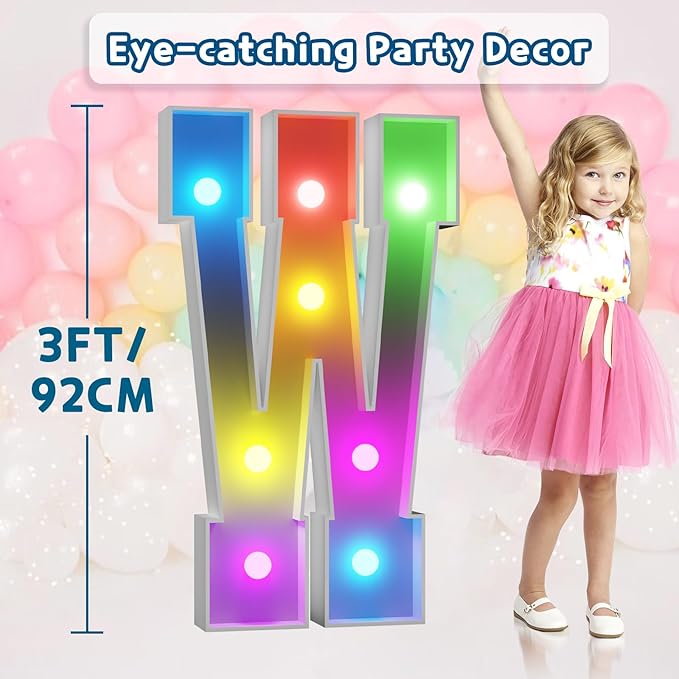 imprsv 3FT Colorful Marquee Letters W, 18 Colors Large Light up Letters Alphabet Sign with Remote, Big Marry Me Sign, Birthday Party Decorations Anniversary Wedding Decoration