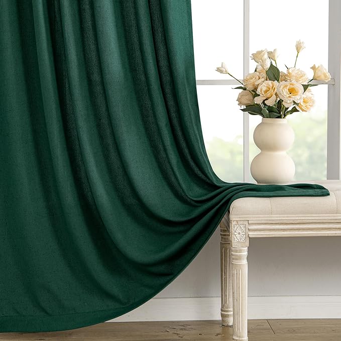 MIULEE Non-See-Through Privacy Linen Curtains 2 Panels, Christmas Emerald Green Light Filtering Window Curtains Textured Back Tab Semi Sheer Drapes for Bedroom Living Room, 52 x 90 Inches Long