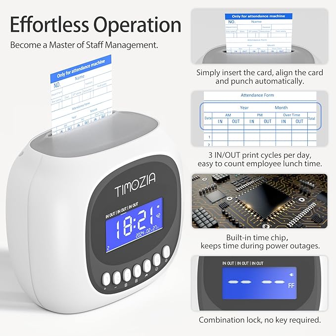 Time Clocks for Employees Small Business, Auto-Align Time Clock, 6 Punches per Day | Clock in Time Machine for Employees with 1 Ink Ribbon(Inside) and 50 Time Cards