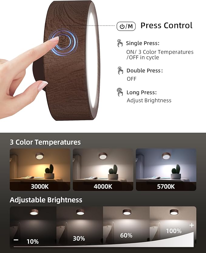 EZVALO LED Wall Mounted Lights, 5500mAh Rechargeable Wall Sconces Lamp, 3 Color Temps & Remote and Touch Control, 360°Rotation Dimmable Cordless Wall Light for Bedroom Reading Study (2 Pack Walnut)