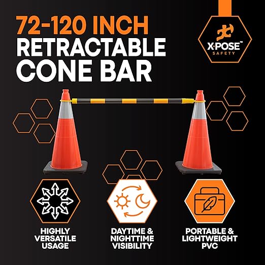 Retractable Barrier for Safety Traffic Cones - 2" OD - Large Yellow and Black Bar Barricade - for Road Construction, Parking, Warning, Temporary Security Divider (6, Yellow & Black, 72" x 120")