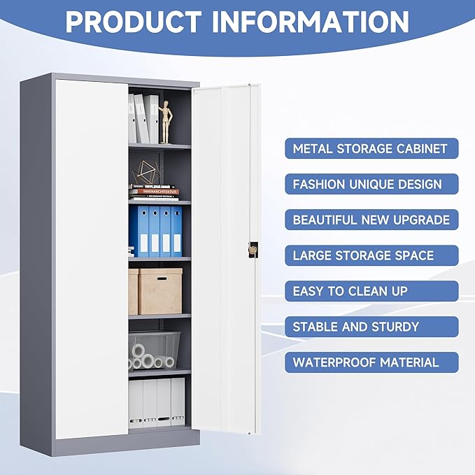Metal Tool Storage Cabinet,Lockable File Cabinet with 2 Doors and 5 Adjustbale Shelves,Tall Cabinets for Garage Storage Systems for Home Office,Garage,Workshop