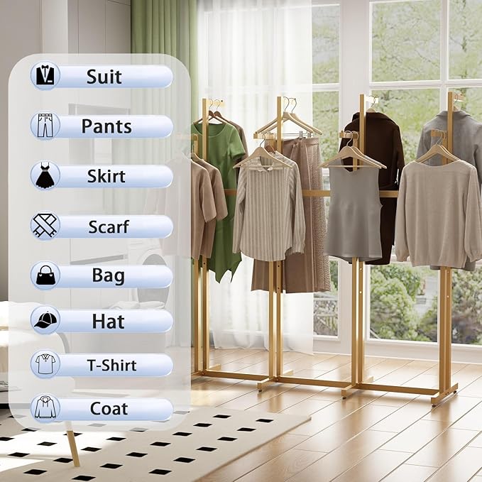 Gold Clothing Racks, Metal Clothes Rack with 8 Straight Arms, Freestanding Garment Rack for Hanging Clothes Heavy Duty, 46" to 63" Adjustable Height Retail Clothing Rack for Boutiques Display