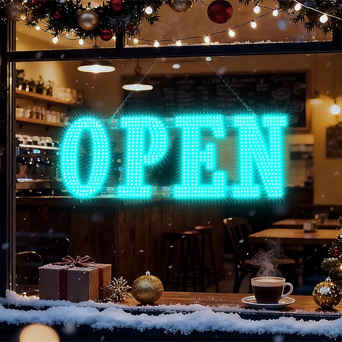 Large LED Open Signs for buiness with 13 Scene Modes, 30" x 10" Unique Design Ice Blue Open Sign for Business Hour Open Sign for Window Stores Retail and Restaurant