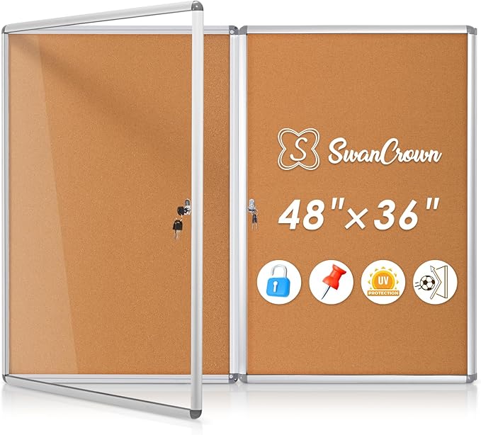 SWANCROWN Enclosed Bulletin Board 36x24 in, Tamperproof Lockable Cork Board Wall Display Case for Office School Home, Aluminum Frame, Pack of 2