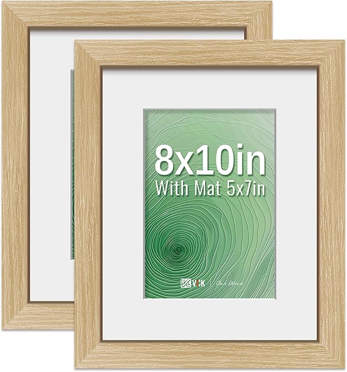 VCK 8x10 Picture Frame 2 Pack - Natural Oak, High-End Wood Poster Frames with Tempered Glass, Display 5x7 Photo with Mat or 8x10 without Mat, Art Gallery-Quality, Wall Hanging/Tabletop, Natural Oak