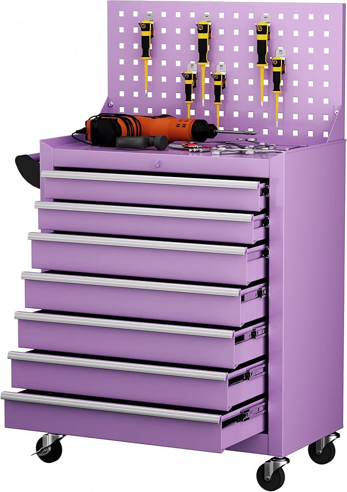 Superday Rolling Tool Chest, 7 Drawer Portable Tool Chest with Wheels, Tool Storage Cabinet with Lock for Garage, Steel Tool Cart with Pegboard & Hooks for Workshop, Warehouse (Purple)