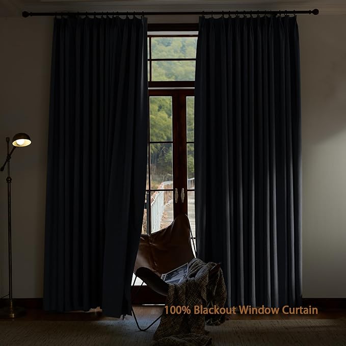 Textured Linen Pinch Pleated 100% Blackout Curtains for Bedroom/Living Room Blackout Curtains 102 Inches Long, Energy Saving Window Treatment Curtains,84Wx102Lx2,Grey Blue