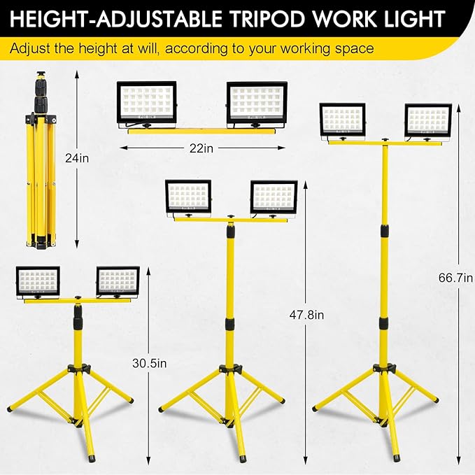 21000Lumen Work Lights with Stand, 2 Head LED Work Light with Adjustable and Foldable Tripod Stand, IP66 Waterproof Portable Work Light for Outdoor Workshop Garage Construction Site Job Site